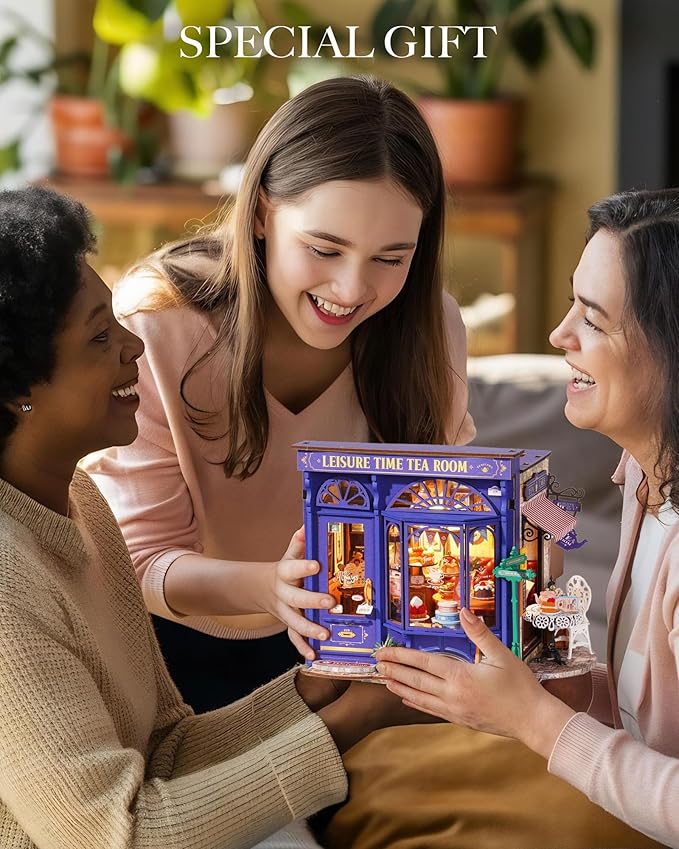 House Kit Leisure Tea Time, 3D Book Nook Openable Bookshelf Decor for Adults